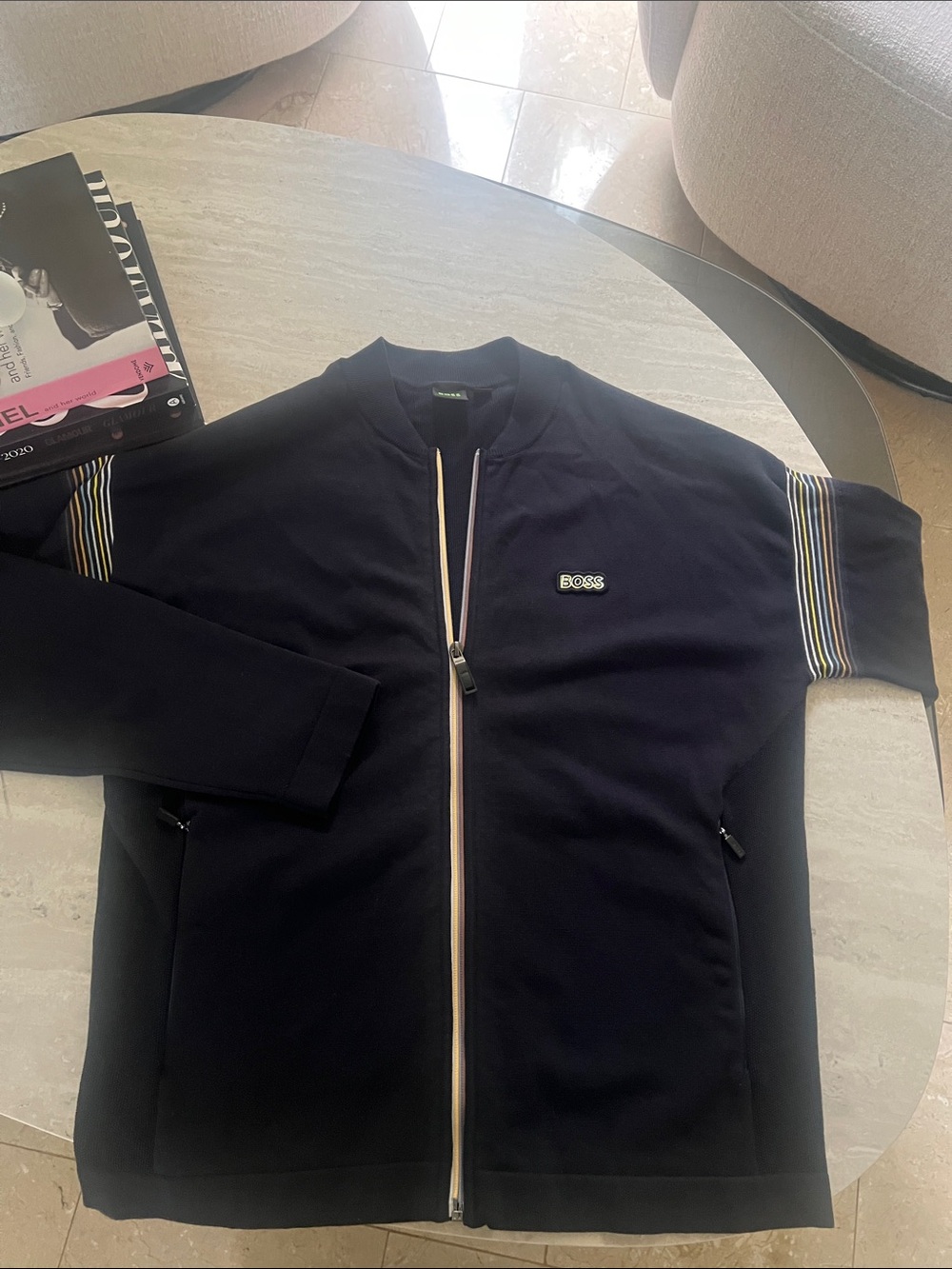 BOSS Navy Jacket with Multicolor Sleeve Stripes